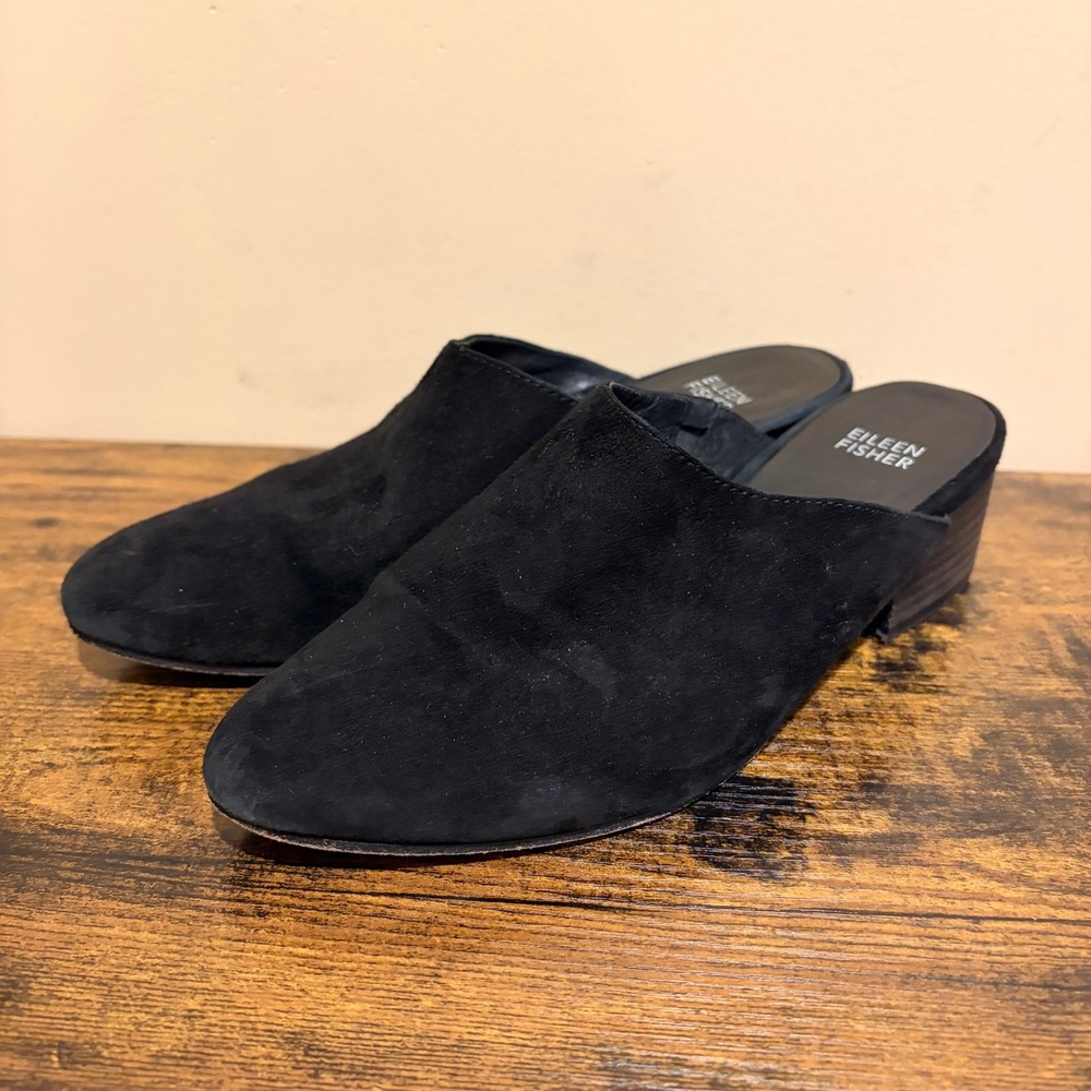 Eileen Fisher Womens Black Suede Pointed Toe Block Heel Mules Size 7